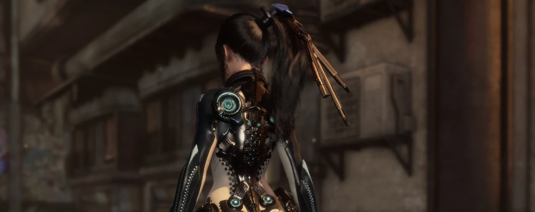 Modular accessory remover for Raven Suit in Stellar Blade. Remove apron, cables, or hip gear. Customize the look to your preference.