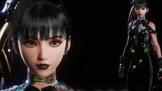 Gives Eve a gothic makeover with black/grey suit, hair, and makeup in Stellar Blade. Stylish and minimal.