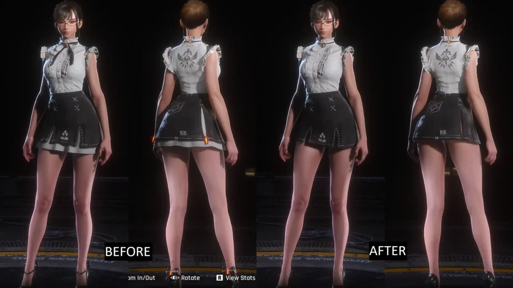 FourSeconds Everyday without underskirt and bow Mod for Stellar Blade that removes the underskirt, bow, and trinkets from the FourSeconds Everyday outfit for a cleaner, sleeker look.