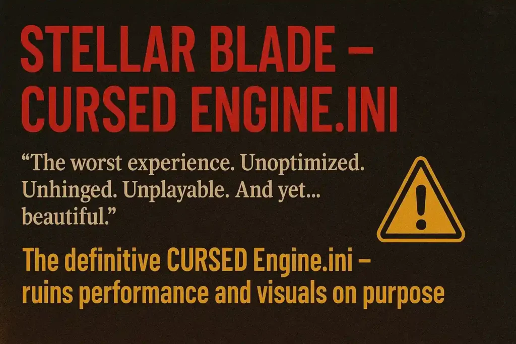 Stellar Blade - CURSED Engine.ini This is a joke mod. It intentionally breaks your game’s visuals and performance to use for memes, cursed screenshots, or reminding yourself why you're not a game designer.