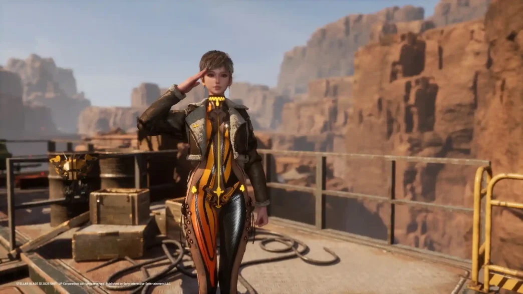 Download a custom texture mod for Stellar Blade that combines the NG+ Prototype Planet Diving Suit V2 with the Planet Diving Suit (3rd), removing the tail and keeping the jacket for a cleaner, more tactical look.