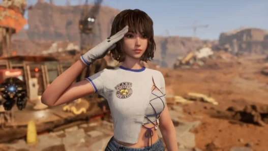 Transform the Destroyed Denim outfit with a Jill Valentine-themed shirt featuring the S.T.A.R.S. logo and image. A Resident Evil-inspired mod for Stellar Blade.