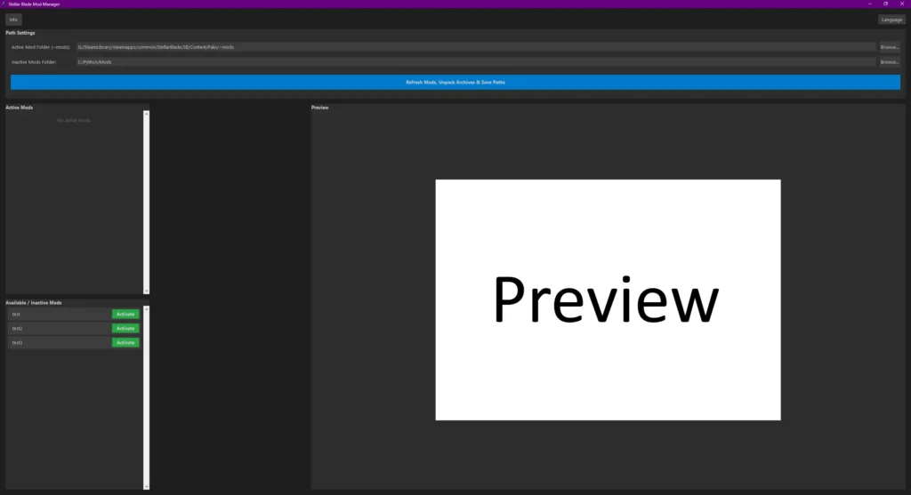 Simple Stellar Blade Mod Manager Manage Stellar Blade mods with ease using this Mod Manager. Features auto-extraction of archives, one-click activation/deactivation, mod preview support, and bilingual UI.