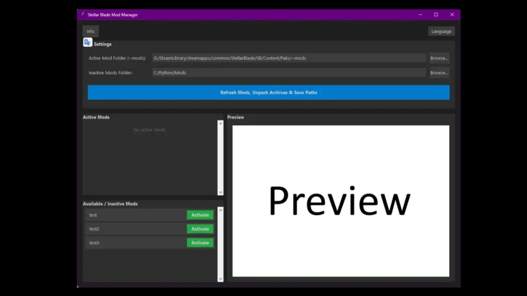 Manage Stellar Blade mods with ease using this Mod Manager. Features auto-extraction of archives, one-click activation/deactivation, mod preview support, and bilingual UI.