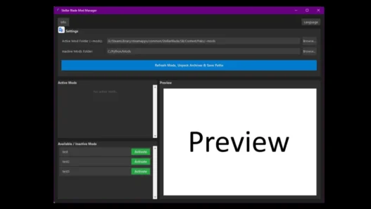 Manage Stellar Blade mods with ease using this Mod Manager. Features auto-extraction of archives, one-click activation/deactivation, mod preview support, and bilingual UI.