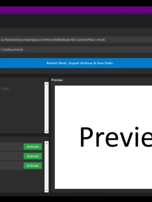Simple Stellar Blade Mod Manager Manage Stellar Blade mods with ease using this Mod Manager. Features auto-extraction of archives, one-click activation/deactivation, mod preview support, and bilingual UI.