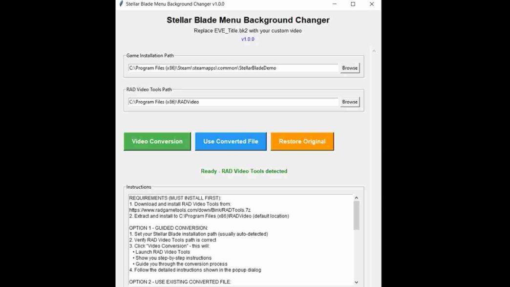 Easily change Stellar Blade’s main menu background with your own videos. Includes video conversion, backup, and full customization support using RAD Video Tools.