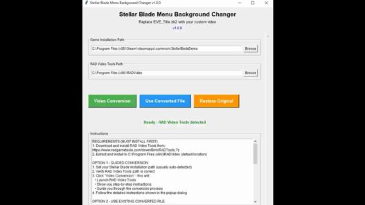 Easily change Stellar Blade’s main menu background with your own videos. Includes video conversion, backup, and full customization support using RAD Video Tools.