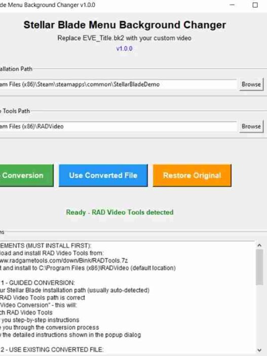 Easily change Stellar Blade’s main menu background with your own videos. Includes video conversion, backup, and full customization support using RAD Video Tools.