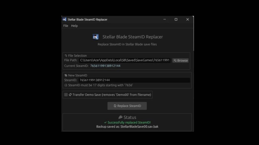 Modify SteamID in Stellar Blade saves easily with this Rust-based tool. Supports demo save transfers & automatic save file detection.