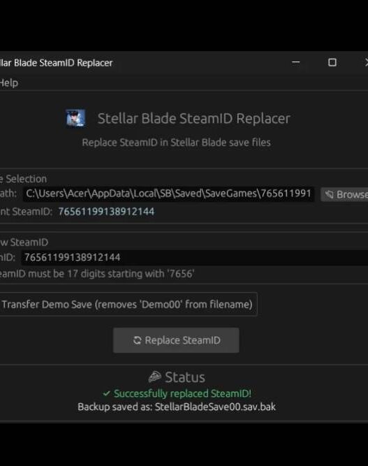 Modify SteamID in Stellar Blade saves easily with this Rust-based tool. Supports demo save transfers & automatic save file detection.
