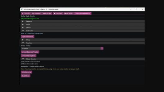 A comprehensive modding tool for Stellar Blade that provides rewards, cheats, teleportation, and extensive game modifications using the game’s own built-in cheat manager. Built with both C++ and Lua scripting, this is the ultimate toolkit for customizing your gameplay experience.