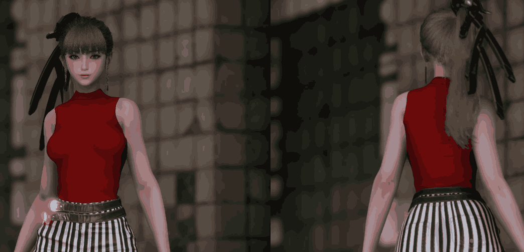 This mod removes Eve’s original jacket and accessories, replacing them with a tight sweater. The outfit also enhances her figure slightly, giving her bigger thighs and hips for a more striking silhouette.